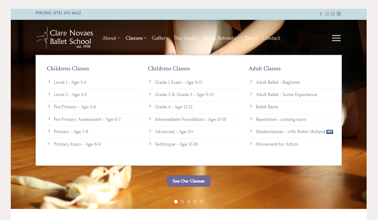 Novaes Ballet School classes menu