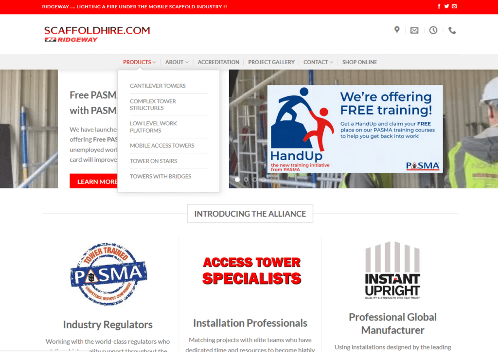 product menu on scaffoldhire.com